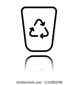 Recucle bin, reuse symbol on backet. Linear, thin outline. Black icon with mirror reflection on white background