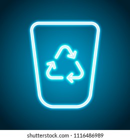 Recucle bin, reuse symbol on backet. Linear, thin outline. Neon style. Light decoration icon. Bright electric symbol