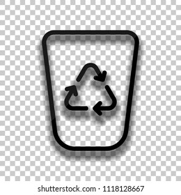 Recucle bin, reuse symbol on backet. Linear, thin outline. Black glass icon with soft shadow on transparent background