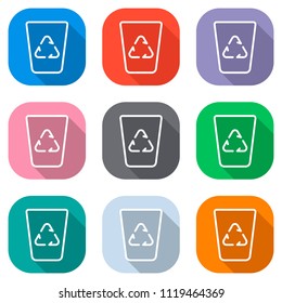 Recucle bin, reuse symbol on backet. Linear, thin outline. Set of white icons on colored squares for applications. Seamless and pattern for poster