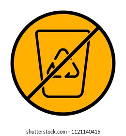Recucle bin, reuse symbol on backet. Linear, thin outline. not allowed, black object in warning sign with orange background color