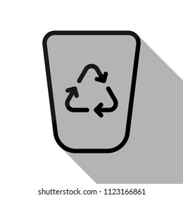 Recucle bin, reuse symbol on backet. Linear, thin outline. Black object with long shadow on white background