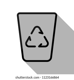 Recucle bin, reuse symbol on backet. Linear, thin outline. Black object with long shadow on white background