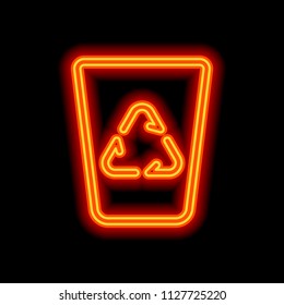 Recucle bin, reuse symbol on backet. Linear, thin outline. Orange neon style on black background. Light icon
