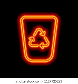 Recucle bin, reuse symbol on backet. Linear, thin outline. Orange neon style on black background. Light icon