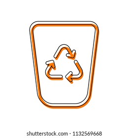 Recucle bin, reuse symbol on backet. Linear, thin outline. Isolated icon consisting of black thin contour and orange moved filling on different layers. White background