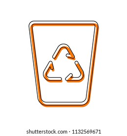 Recucle bin, reuse symbol on backet. Linear, thin outline. Isolated icon consisting of black thin contour and orange moved filling on different layers. White background
