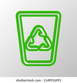 Recucle bin, reuse symbol on backet. Linear, thin outline. Paper style. Cut symbol with green bold contour on shape and simple shadow