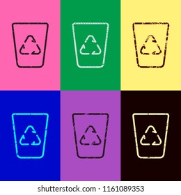 Recucle bin, reuse symbol on backet. Linear, thin outline. Pop art style. Scratched icons on 6 colour backgrounds. Seamless pattern