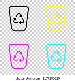 Recucle bin, reuse symbol on backet. Linear, thin outline. Colored set of cmyk icons on transparent background