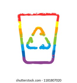 Recucle bin, reuse symbol on backet. Linear, thin outline. Drawing sign with LGBT style, seven colors of rainbow (red, orange, yellow, green, blue, indigo, violet