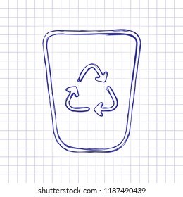 Recucle bin, reuse symbol on backet. Linear, thin outline. Hand drawn picture on paper sheet. Blue ink, outline sketch style. Doodle on checkered background