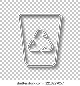 Recucle bin, reuse symbol on backet. Linear, thin outline. White outline sign with shadow on transparent background