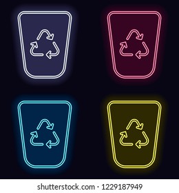 Recucle bin, reuse symbol on backet. Linear, thin outline. Set of neon sign. Casino style on dark background.