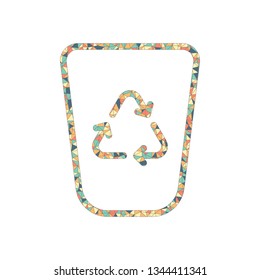 Recucle bin, reuse symbol on backet. Linear, thin outline. Colored mosaic with polygons