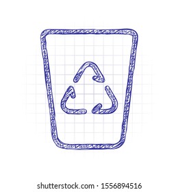 Recucle bin, reuse symbol on backet. Linear, thin outline. Hand drawn sketched picture with scribble fill. Blue ink. Doodle on white background