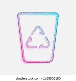 Recucle bin, reuse symbol on backet. Linear, thin outline. Technology logo with diagonal lines and colored gradient. Neon graphic, light effect. Blue and red colors
