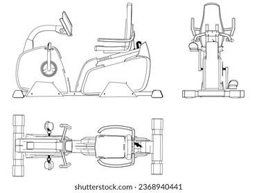 Recumbent exercise bike isolated on white background. Fitness, cardio, and muscle building machines. Exercise and gym concept. Vector illustration.