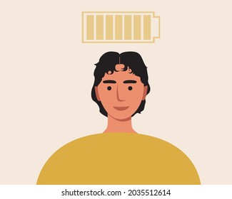 Erholung, energischer Mann. Flache Vektorgrafik. Batterieladung. Das Konzept der Widerstandsfähigkeit gegen Stress, Stärke. Psychische Gesundheit. Emotionale Gebühr. Vektorgrafik