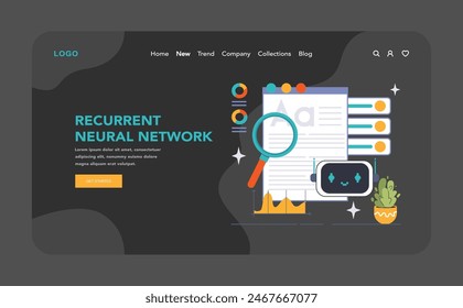 Recurrent Neural Network concept. Robot inspects text data, representing sequential analysis. Text mining, sequence prediction. Flat vector illustration