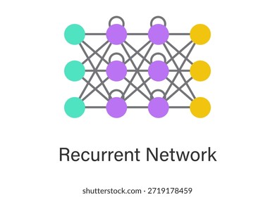 Ilustración del concepto de red neuronal recurrente (RNN) con bucles de Comentarios y flujo de datos secuenciales, utilizado para la predicción de series temporales, procesamiento del lenguaje natural y modelado de secuencias de IA.