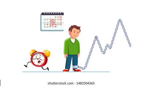 Recurrent work pressure peaks, overwork stress and frustration concept. Sad office worker standing exhausted chained by constant urgency and deadlines. Flat vector character illustration