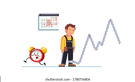 Recurrent work pressure peaks, overwork frustration stress concept. Sad mechanic, or contractor worker standing exhausted chained by constant urgency and deadlines. Flat vector character illustration