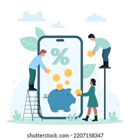 Recurring deposit account, cashback and investment analysis vector illustration. Cartoon tiny people share and throw cash money coins into piggy bank on mobile phone screen with percentage sign