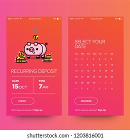 Recurring Deposit Money App for For Smart Phone with Cute Piggy Bank Card Illustration Gold Coins