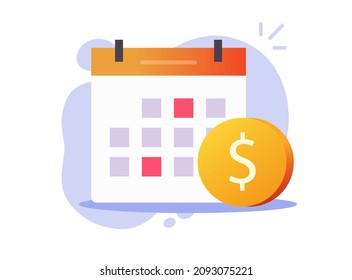 Recurring Pay And Monthly Payment Day Or Loan Or Money Cash Payday Icon On Calendar Vector Flat Cartoon Symbol, Scheduled Annual Credit Bill, Financial Subscription Agenda