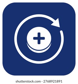 recurring plus symbol with circular arrow icon representing automatic subscription addition renewal recurring deposit topup reinvestment compounding enrollment on navy blue rounded square background