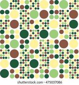 Recursive Dots. A seamless repeating pattern of dots of various sizes in green, brown and yellow against a white background.