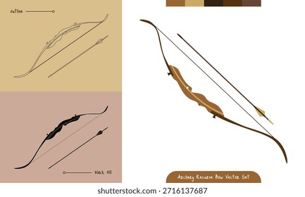 Conjunto de Vectores de arco y flecha recurvos en estilo de diseño de relleno de color, contorno y relleno negro, aislados sobre fondo neutro, adecuados para diseño de tiro con arco, gráficos deportivos e ilustraciones instructivas.