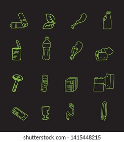 Recycl. Set of icons.Vector illustration Processing of
thing: glass, plastic, organic, jar, paper. Save the planet.  Sort garbage. No plastic.