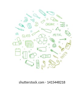Recycl. Vector illustration Processing of
thing: glass, plastic, organic, jar, paper. Save the planet.  Sort garbage. No plastic.