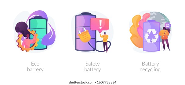 Recyclable accumulator, electric energy power source ecological utilization. Eco battery, safety battery, battery recycling metaphors. Vector isolated concept metaphor illustrations.