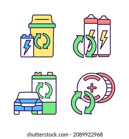 Recyclable battery types RGB color icons set. Lithium-ion battery recycling. Car accumulator reuse. Disposal container. Isolated vector illustrations. Simple filled line drawings collection
