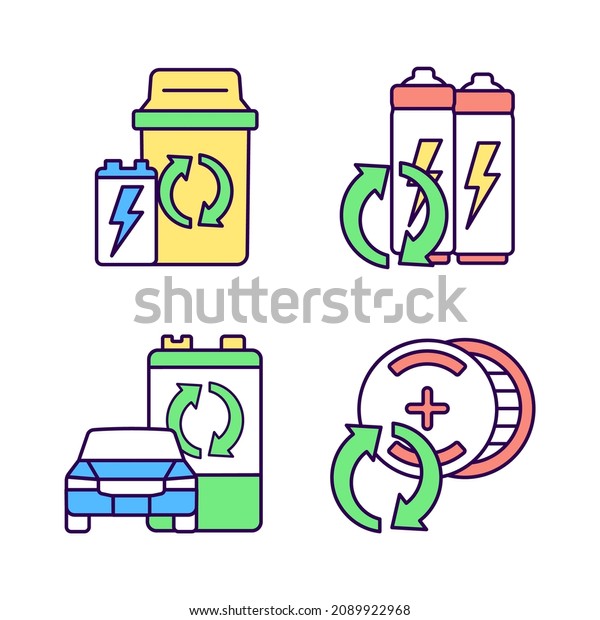 Recyclable battery types RGB color icons set.\
Lithium-ion battery recycling. Car accumulator reuse. Disposal\
container. Isolated vector illustrations. Simple filled line\
drawings collection