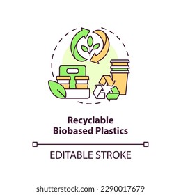 Recyclable biobased plastics concept icon. Waste management. Biodegradable packaging idea thin line illustration. Isolated outline drawing. Editable stroke. Arial, Myriad Pro-Bold fonts used