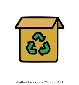Recyclable cardboard box icon with green recycling arrows symbol in flat eco-friendly environmental vector style