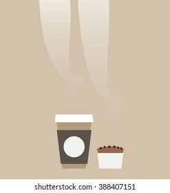 Recyclable coffee cup and a muffin.
Vector illustration of the hot breakfast on the brown background.