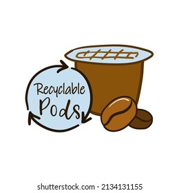 Pegatina de latas de café reciclables, producto de bebidas. Promoción del material de los contenedores ecológicos, placa de bebida de basura cero, ilustración vectorial. Aislado en una vaina blanca con frijol de café dibujado a mano y texto