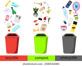 recyclable, compost and non recyclable garbage. Types of waste with trash bins.