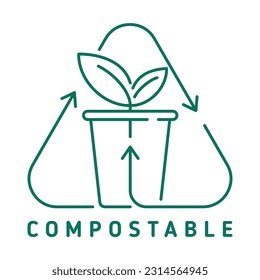 Recyclable and Compostable drinking cup triangular sticker for used dishes. Flat Vector badge in thin line