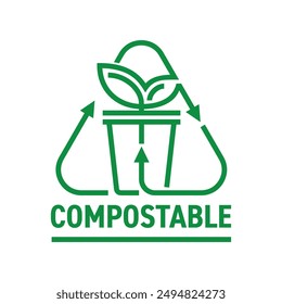 Recyclable and Compostable drinking cup triangular sticker for used dishes. Flat Vector badge in bold line