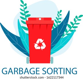 Recyclable container. Red bin. Green recycled symbol. Separate garbage collection. The tank stands against the backdrop of nature among the leaves. Flat vector illustration.