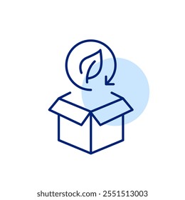 Recyclable delivery. Package and leaf within circular arrows, waste-free and sustainable shipment operations. Pixel perfect, editable stroke icon