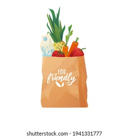 Recyclable Eco paper shopping bag with food. Carrot, tomato, milk, pineapple. Eco friendly hand lettering text. Zero waste concept. Vector cartoon illustration.