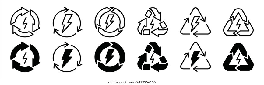 Symbol für wiederverwertbare elektrische Energie. Erneuerbare Energien. Wiederaufladbare, wiederverwertbare und wiederverwertbare Elektrizität. Drehpfeil mit elektrischem Symbol. Vektorgrafik