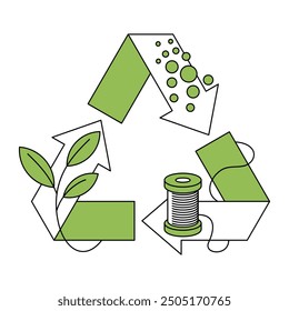 Recyclable fabric - Textile from Recycled or organic materials, for sustainable and zero-waste industry. PET granules turns to thread and T-Shirt. Vector illustration in thin line with green fill